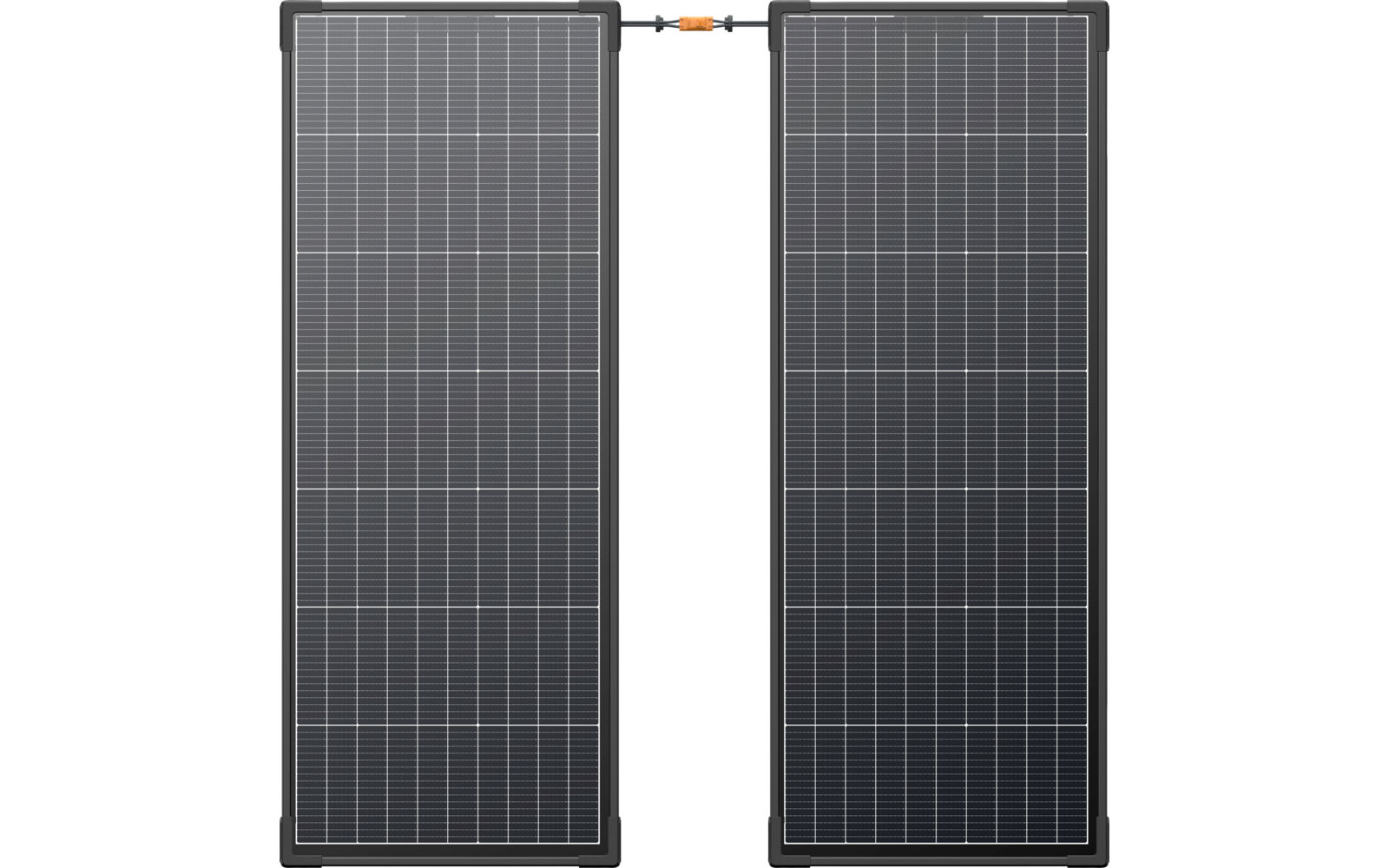 Zwei nebeneinander stehende Solarmodule mit Verbindungskabel oben