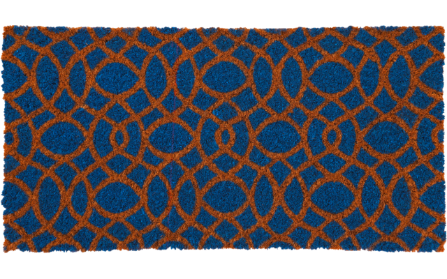 Dunkelblauer Hintergrund mit überlappenden orange-roten Ringen, die ein geometrisches Muster bilden