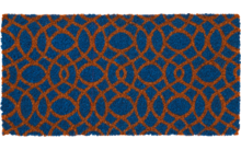 Dunkelblauer Hintergrund mit überlappenden orange-roten Ringen, die ein geometrisches Muster bilden