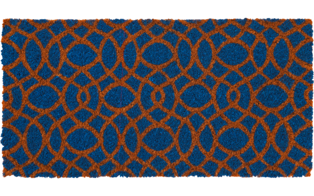 Dunkelblauer Hintergrund mit überlappenden orange-roten Ringen, die ein geometrisches Muster bilden