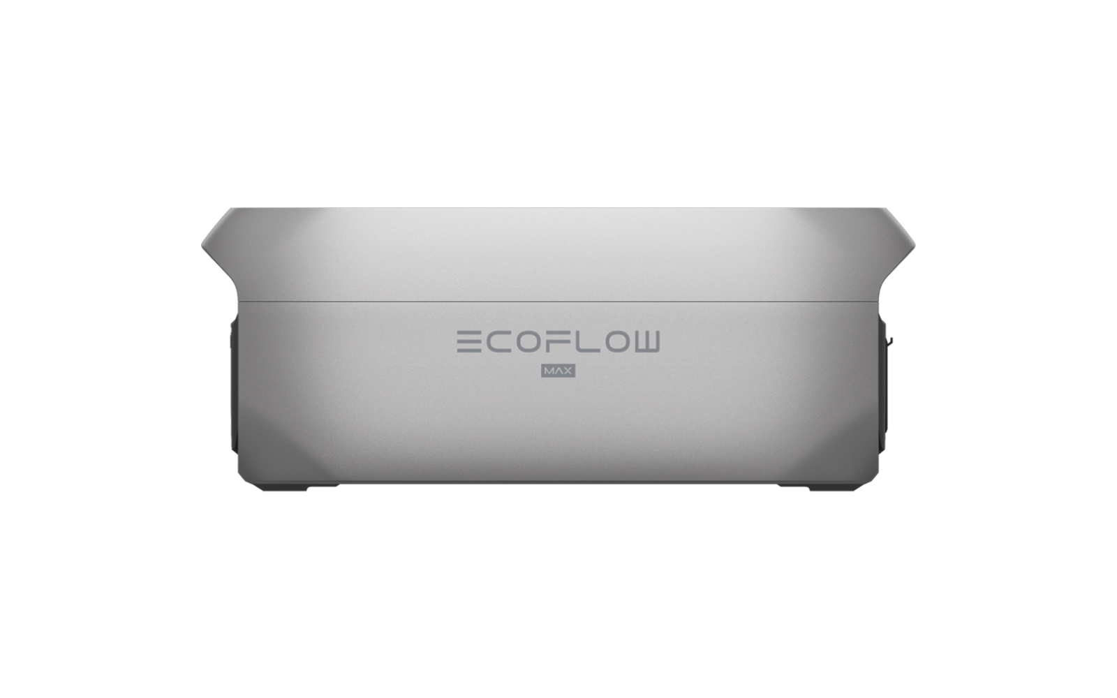 Silbernes rechteckiges Metallgehäuse mit abgerundeten oberen Ecken, mittig Schriftzug „ECOFLOW“ und kleine Beschriftung „MAX“ darunter