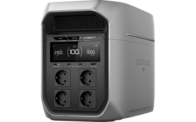 Grijs, kubusvormig apparaat met frontpaneel, digitaal display met '100', '2300', '3000', vier ronde stopcontacten en twee smalle aansluitingen; zijkant opschrift 'ECOFLOW'