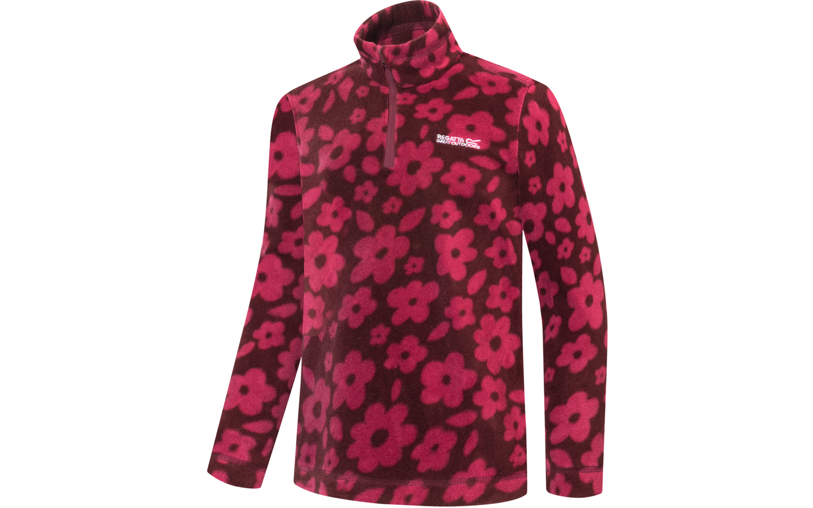 Dunkelroter Fleecepullover mit pinken Blumen, Stehkragen, halbem Reißverschluss, langen Ärmeln und weißem Logo auf der linken Brust