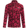 Fleece-Pullover mit Stehkragen und kurzem Reißverschluss, langärmlig, dunkelrot mit rosa Blumenmuster, weißes Logo auf der linken Brust