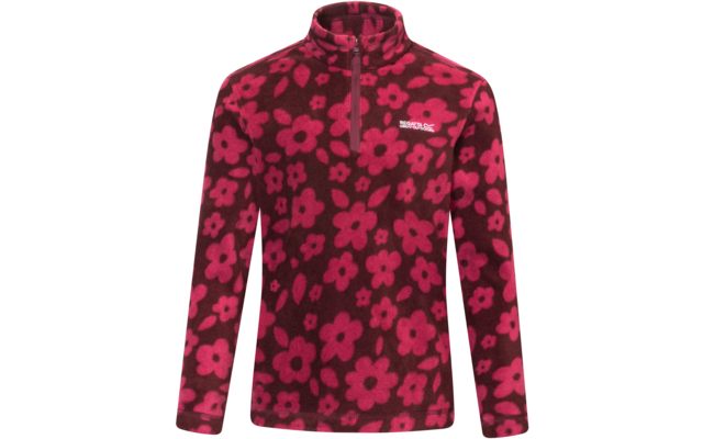 Fleece-Pullover mit Stehkragen und kurzem Reißverschluss, langärmlig, dunkelrot mit rosa Blumenmuster, weißes Logo auf der linken Brust