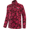 Dunkelroter Fleecepullover mit pinken Blumen, Stehkragen, halbem Reißverschluss, langen Ärmeln und weißem Logo auf der linken Brust