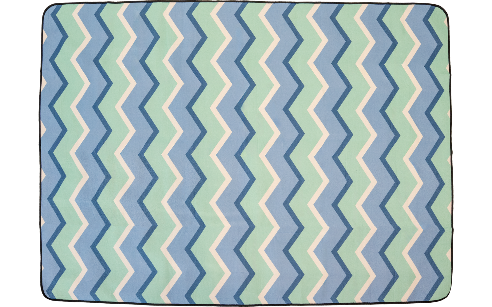 Rechteckige Matte mit abgerundeten Ecken, dunklem Rand und Zickzackmuster in Hellblau, Dunkelblau, Mintgrün und Weiß