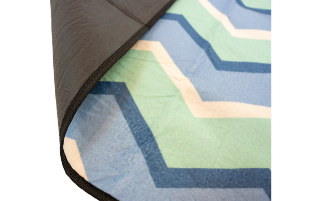 Umgeschlagene Ecke eines Textils mit geometrischem Zickzackmuster in Hellblau, Blau, Hellgrün und Weiß, dunkler Rand