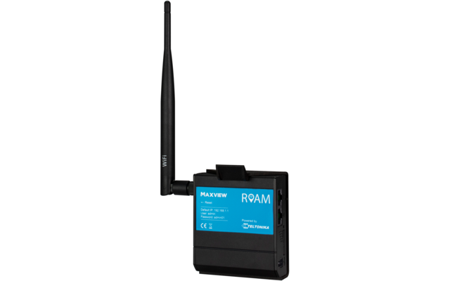 Schwarzes drahtloses Gerät mit langer Antenne und blauem Etikett