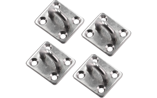 Quadratische Metallplatte mit vier versenkten Schraublöchern und einem gebogenen D-Bügel in der Mitte