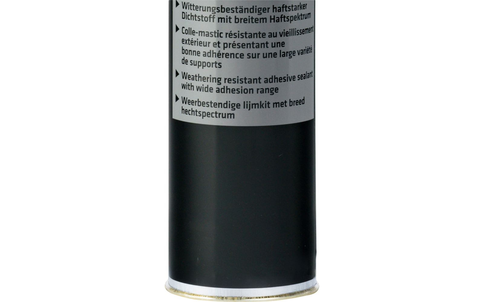 Schwarze Kartusche mit weißer konischer Düse, Etikett mit rotem-gelbem Sika-Dreieck und Schriftzug "Sikaflex 521 UV"