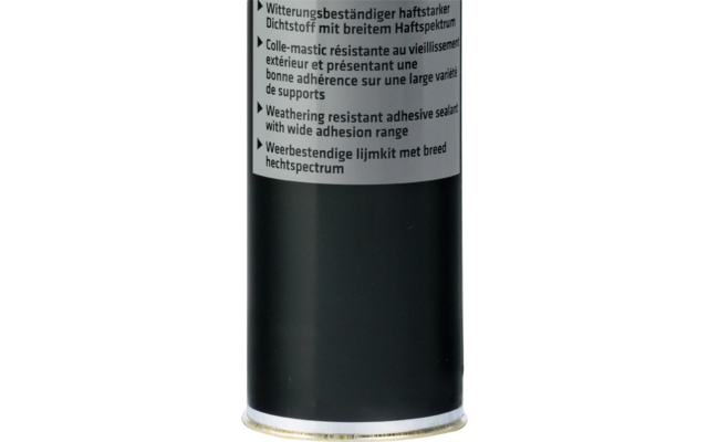 Schwarze Kartusche mit weißer konischer Düse, Etikett mit rotem-gelbem Sika-Dreieck und Schriftzug "Sikaflex 521 UV"