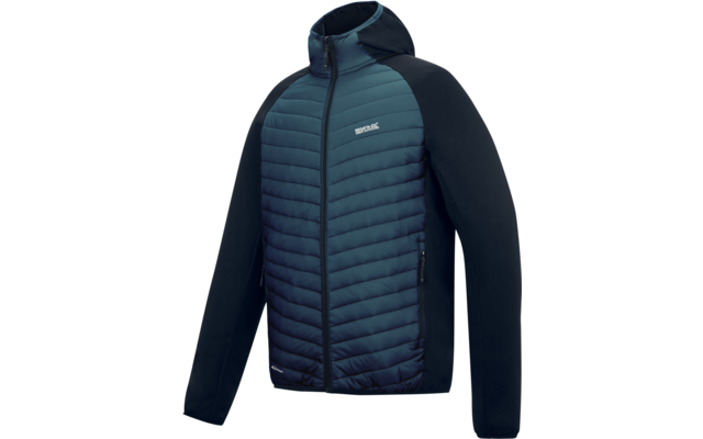 Dunkelblau-grüne, horizontal gesteppte Jacke mit durchgehendem Reißverschluss, angenähter Kapuze, dunklen Ärmeln und weißem Markenlogo auf der Brust