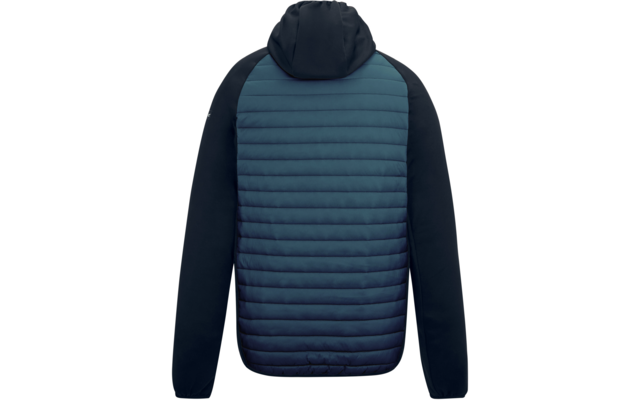 Rückenansicht einer Kapuzenjacke mit gesteppter blau-grüner Rückseite und dunklen Ärmeln sowie Kapuze