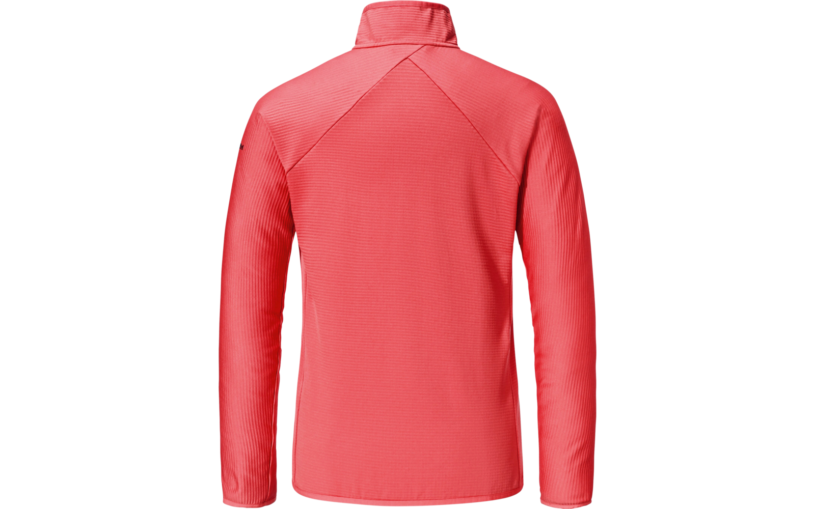 Rückansicht eines roten Langarmshirts mit Stehkragen
