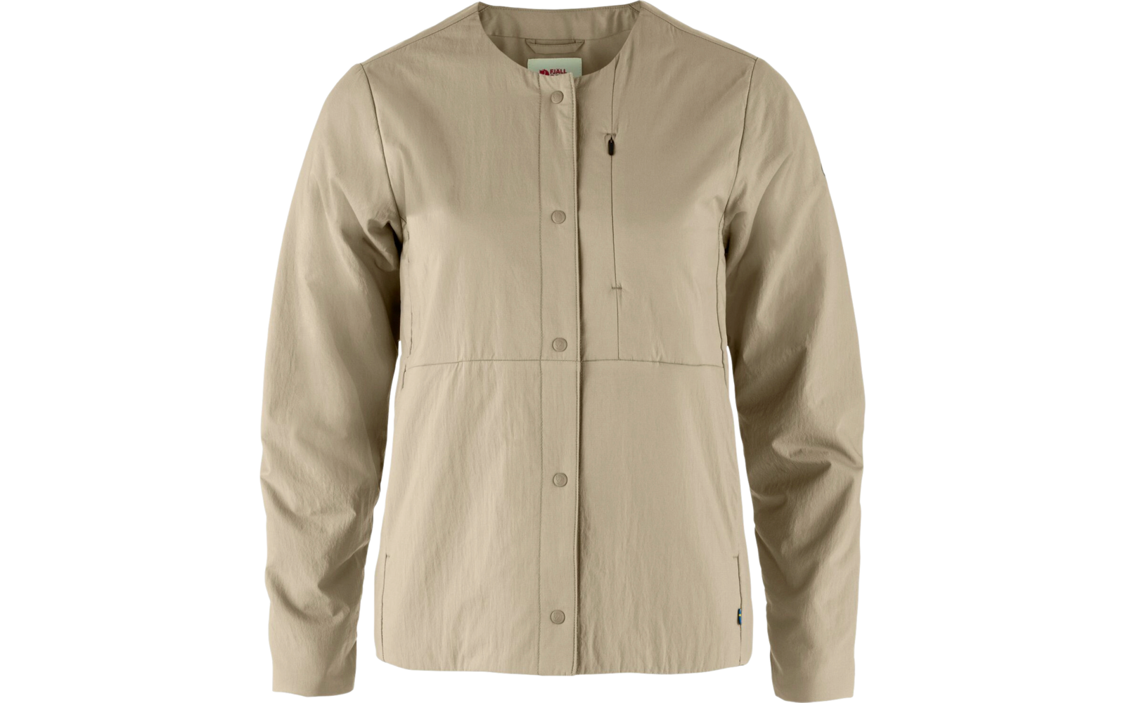 Beige Jacke mit Knopfleiste und zwei Taschen auf der Vorderseite