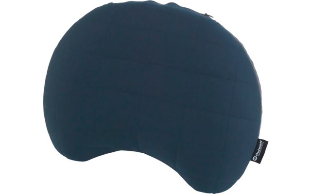 Blaues ergonomisch geformtes Kissen mit einem kleinen schwarzen Etikett