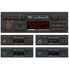 Mehrere rechteckige Gerätefronten mit Knöpfen, Drehreglern und digitalen Displays; Markenname "BLAUPUNKT" sichtbar; Varianten mit verschiedenen Hintergrundbeleuchtungsfarben (rot, orange, weiß, grün, blau)