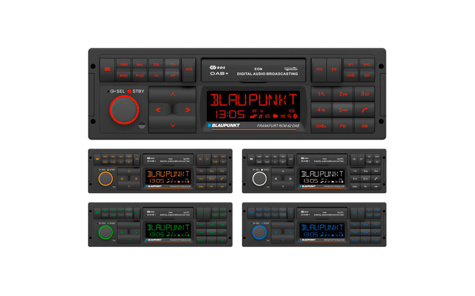 Mehrere rechteckige Gerätefronten mit Knöpfen, Drehreglern und digitalen Displays; Markenname "BLAUPUNKT" sichtbar; Varianten mit verschiedenen Hintergrundbeleuchtungsfarben (rot, orange, weiß, grün, blau)