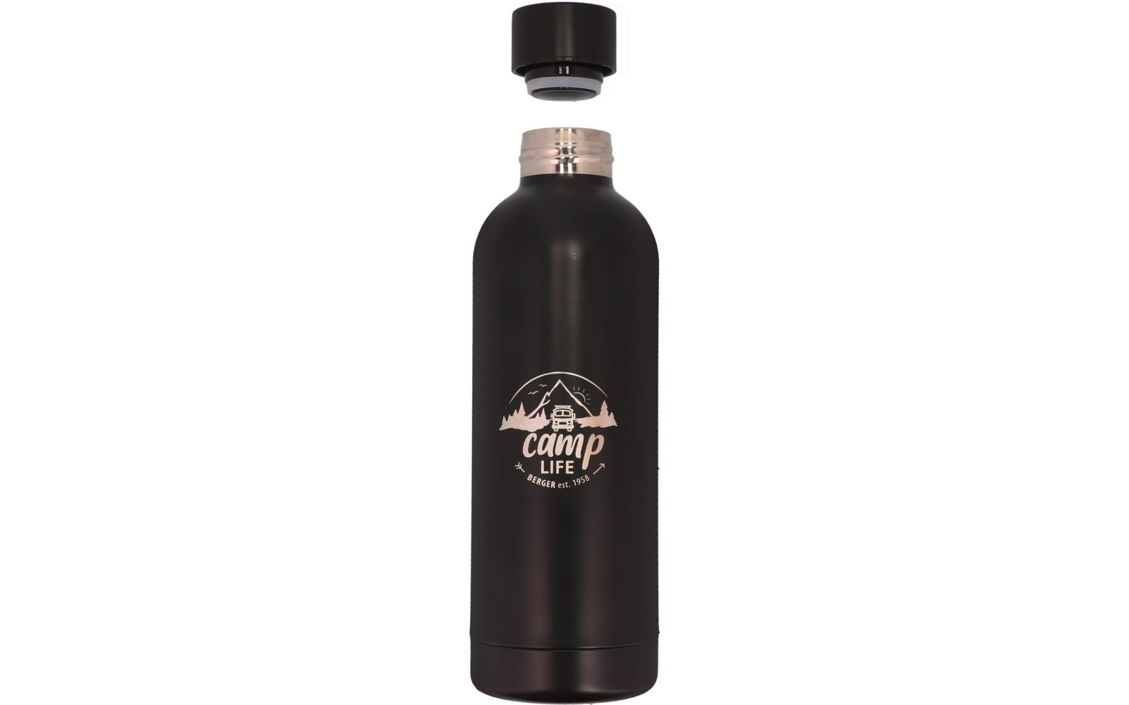 Een zwarte fles met een bruik label en een donkere dop