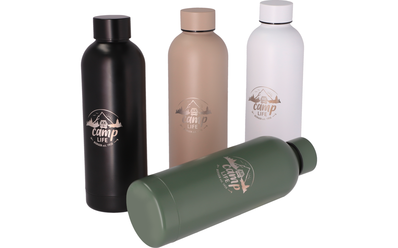 Vier metalen flessen in verschillende kleuren, waaronder zwart, beige, wit en groen, gerangschikt op een witte achtergrond