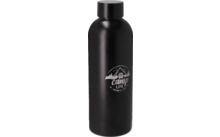 Zwarte metalen drinkfles met schroefdop en wit logo
