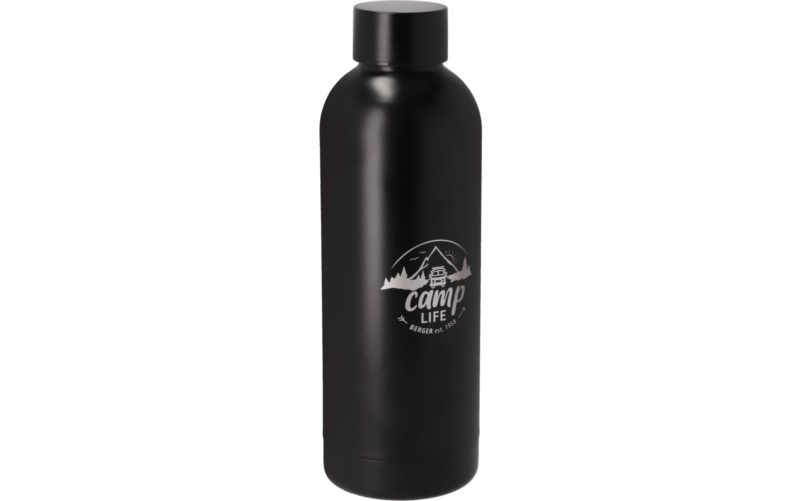 Zwarte metalen drinkfles met schroefdop en wit logo