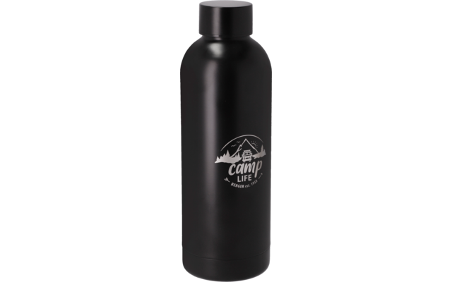 Zwarte metalen drinkfles met schroefdop en wit logo