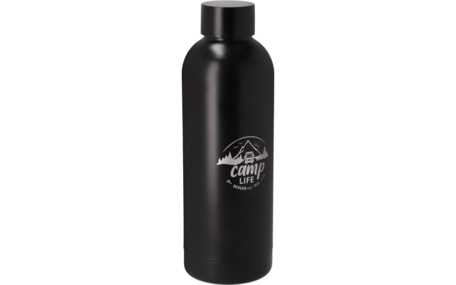 Bouteille d'eau en métal noire avec bouchon à vis et logo blanc