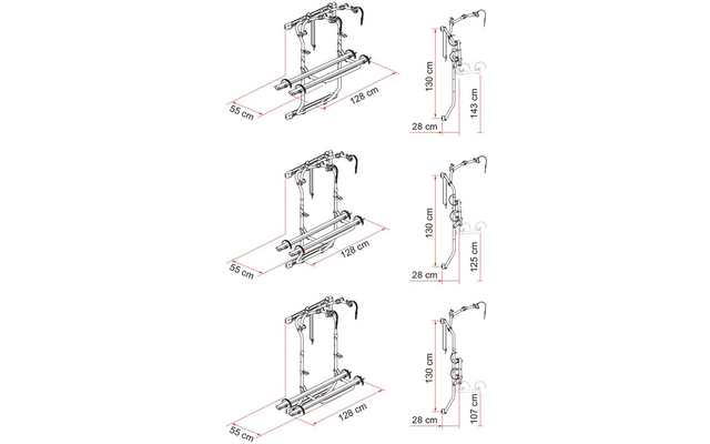 Drei technische Strichzeichnungen eines Rahmens mit horizontalen Schienen, vertikalen Stützen und gebogenen Haken; rote Maßlinien mit Werten 128 cm, 55 cm, 28 cm und Höhenangaben 130 cm, 143 cm, 125 cm, 107 cm; jeweils schräge Vorderansicht und Seite