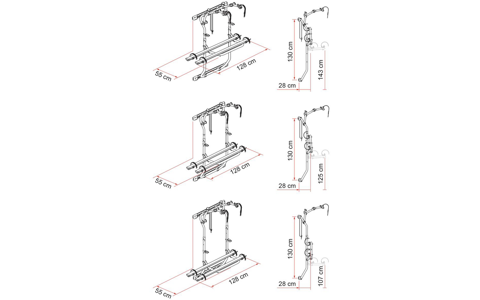 Drei technische Strichzeichnungen eines Rahmens mit horizontalen Schienen, vertikalen Stützen und gebogenen Haken; rote Maßlinien mit Werten 128 cm, 55 cm, 28 cm und Höhenangaben 130 cm, 143 cm, 125 cm, 107 cm; jeweils schräge Vorderansicht und Seite