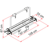 Technische Zeichnung eines Fahrradträgers mit Maßen 128 cm Breite, 67 cm Höhe, 33 cm Tiefe und 97 cm Länge der Halterung