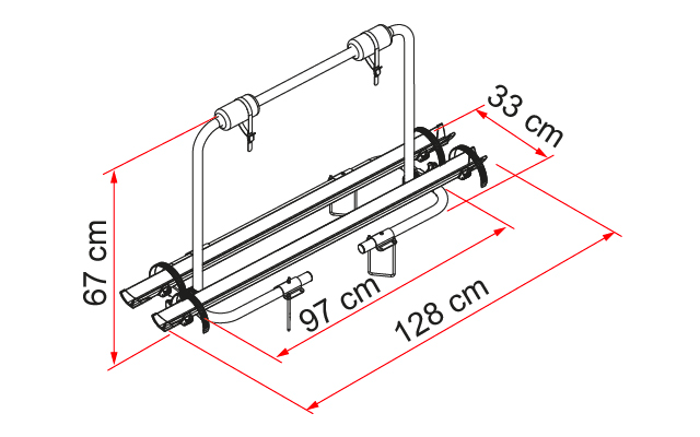 Technische Zeichnung eines Fahrradträgers mit Maßen 128 cm Breite, 67 cm Höhe, 33 cm Tiefe und 97 cm Länge der Halterung
