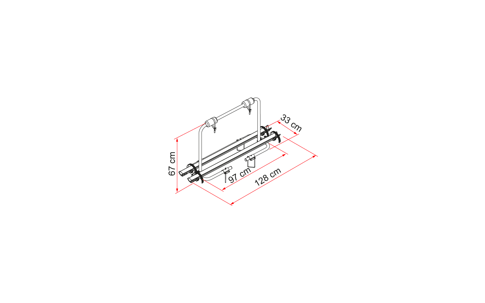 Technische Zeichnung eines Fahrradträgers mit Maßen 128 cm Breite, 67 cm Höhe, 33 cm Tiefe und 97 cm Länge der Halterung