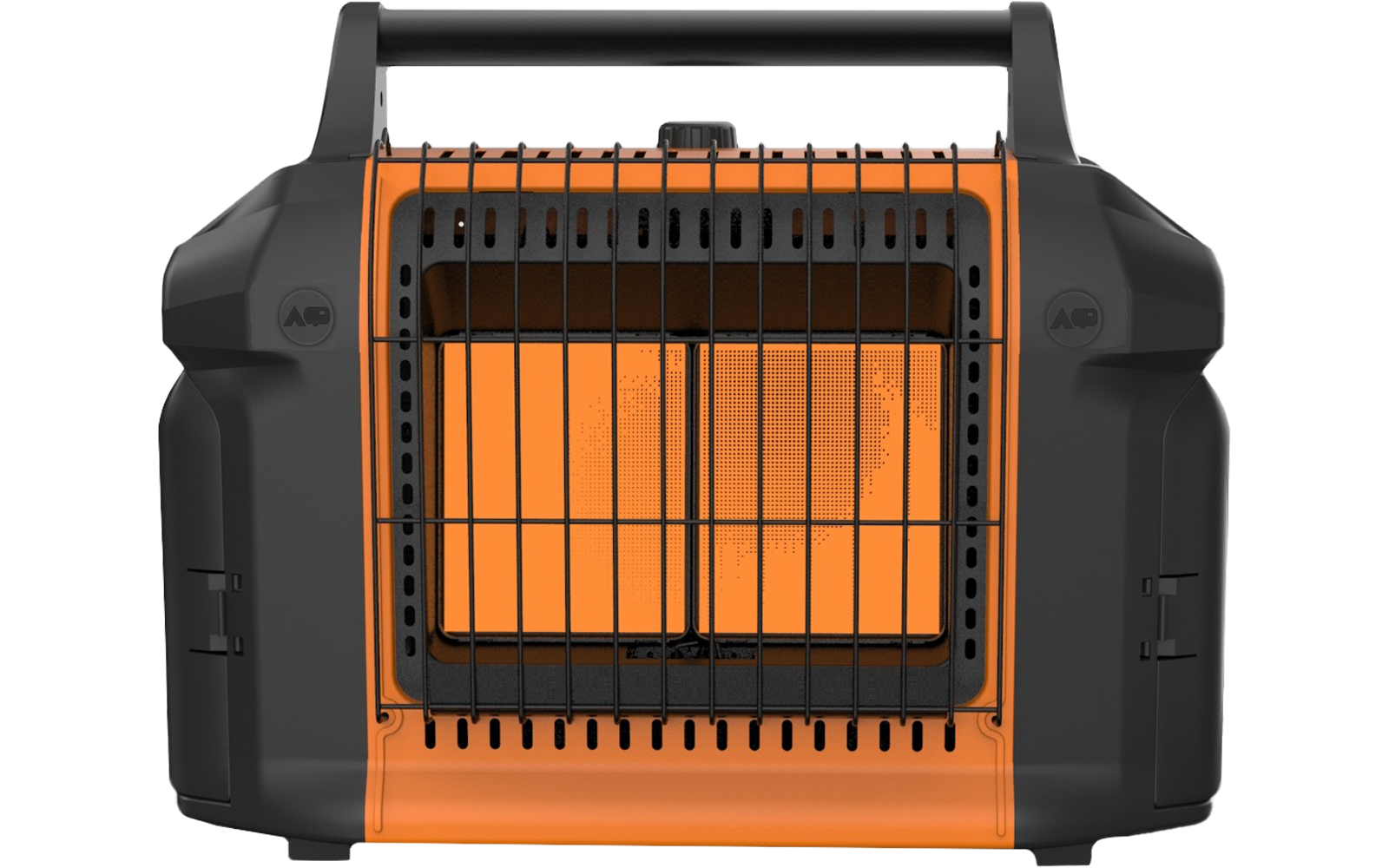 Black-and-orange portable device with top carry handle, front metal grille and visible orange glowing element