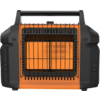 Black-and-orange portable device with top carry handle, front metal grille and visible orange glowing element