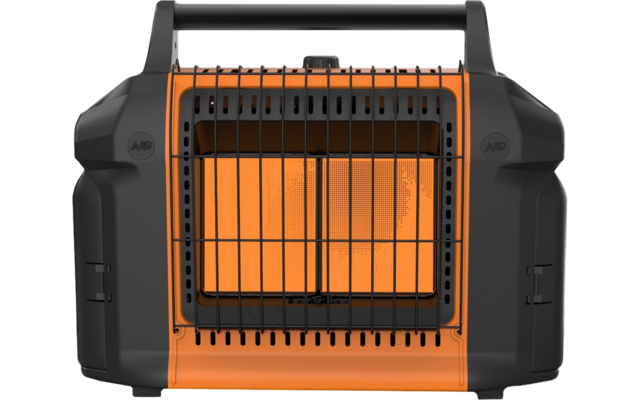 Black-and-orange portable device with top carry handle, front metal grille and visible orange glowing element