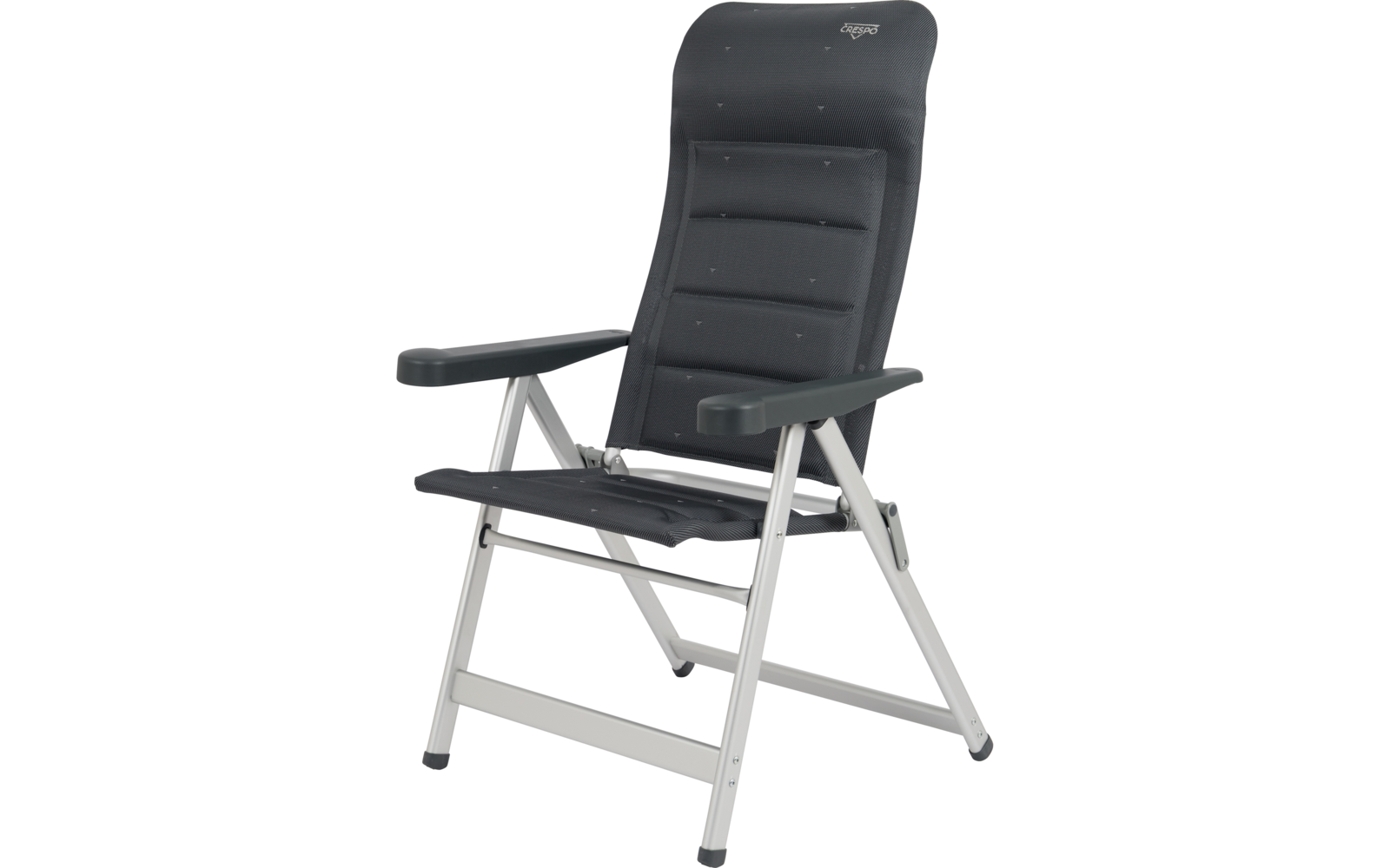 Grau-schwarzer gepolsterter Klappstuhl mit hoher Rückenlehne, Armlehnen und silbernem Metallgestell