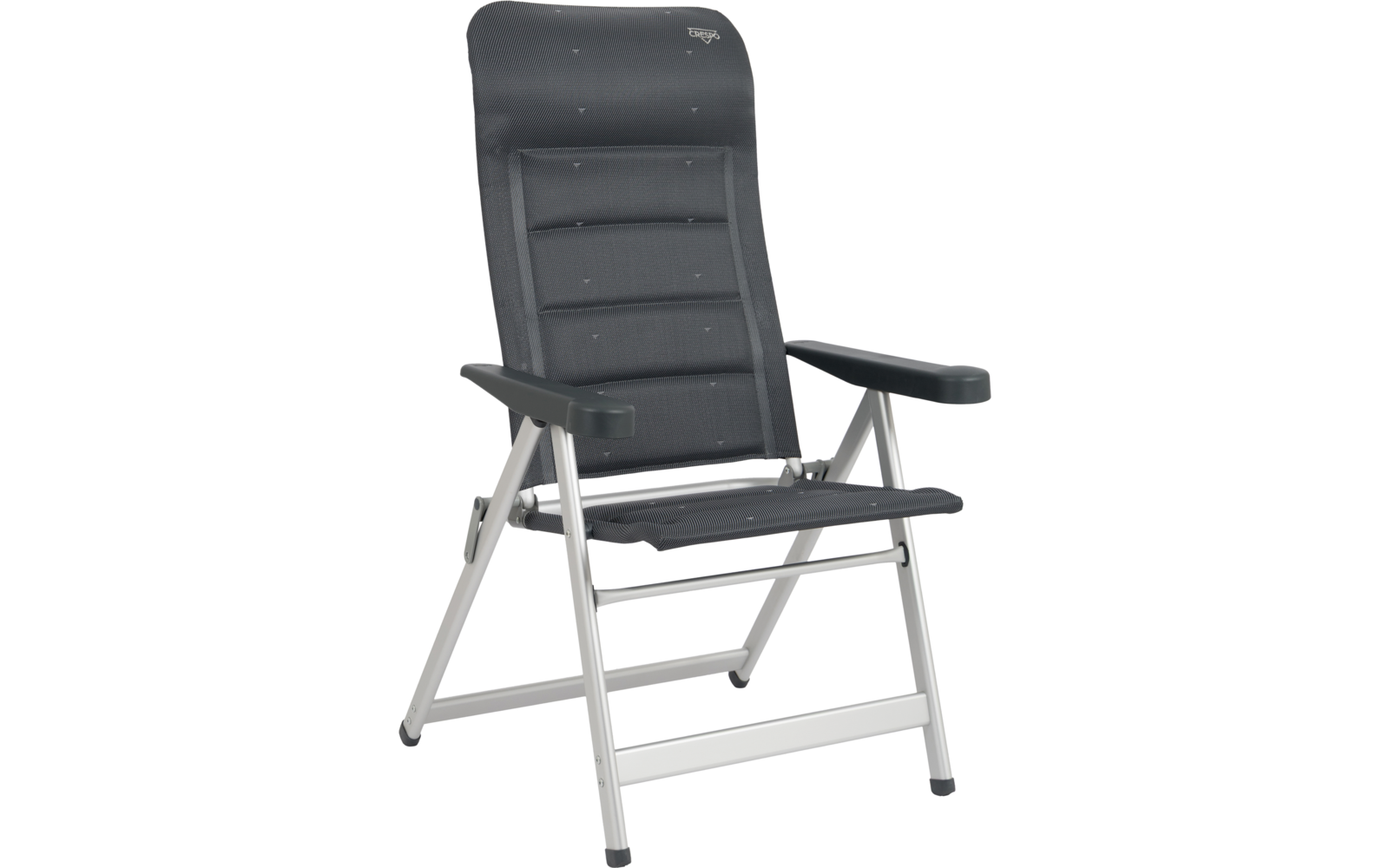 Grauer gepolsterter Klappstuhl mit hoher Rückenlehne, Armlehnen und silbernem Metallgestell