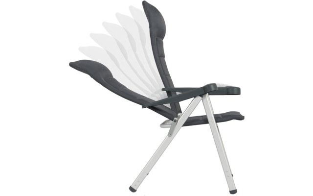 Gepolsterter dunkelgrauer Klappstuhl mit silbernem Metallgestell, Rückenteil in mehreren überlagerten Neigungspositionen