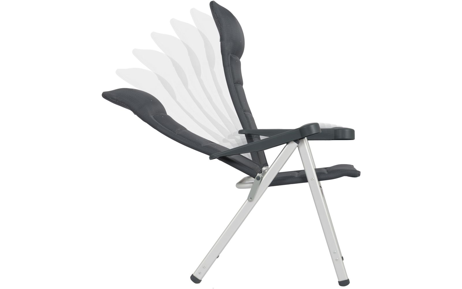 Gepolsterter dunkelgrauer Klappstuhl mit silbernem Metallgestell, Rückenteil in mehreren überlagerten Neigungspositionen