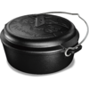 Cocotte en fonte noire avec couvercle et anse métallique courbée ; couvercle avec motif en relief et lettrage