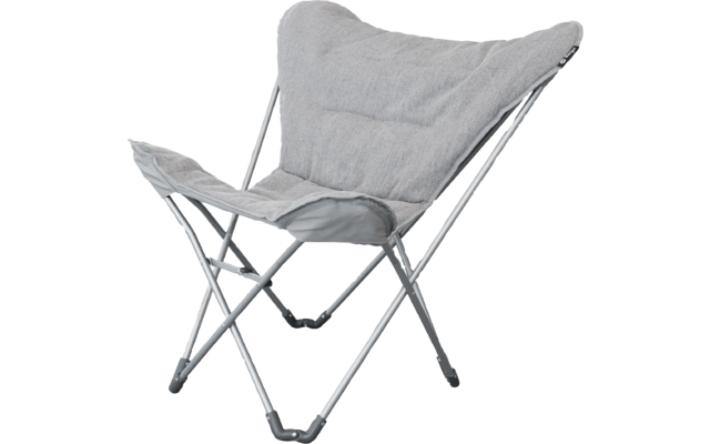 Grauer Klappstuhl mit gepolstertem Stoffsitz und silbernem Metallgestell, X-förmige Beine