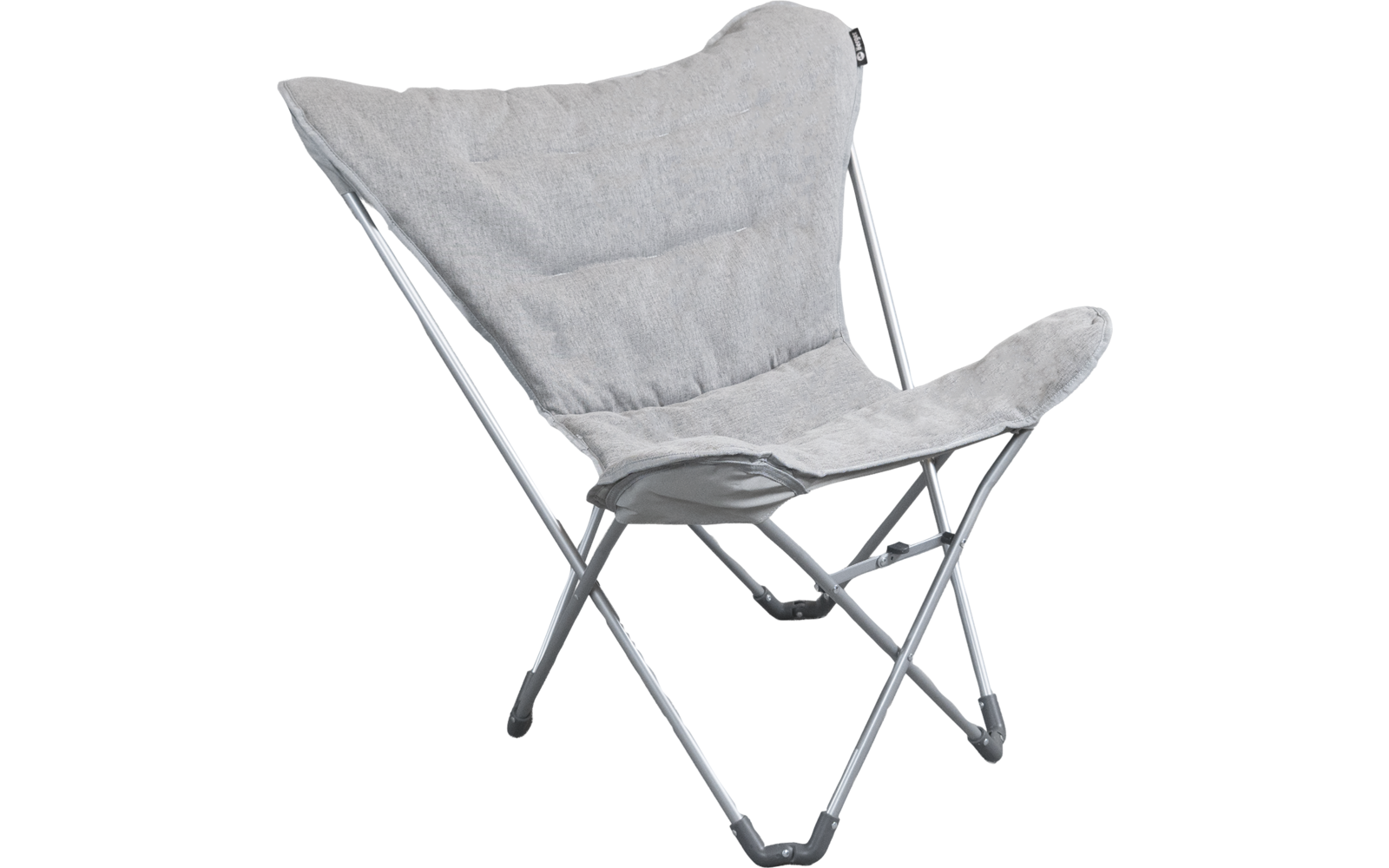 Hellgrauer, gepolsterter Klappstuhl mit Stoffbespannung auf silbernem Metallgestell und gekreuzten Beinen mit Gummifüßen