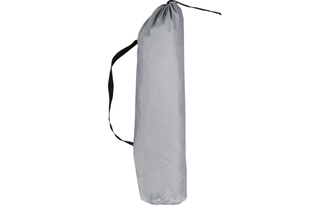 Längliche graue Stofftasche mit Kordelzug oben und schwarzem Schulterriemen