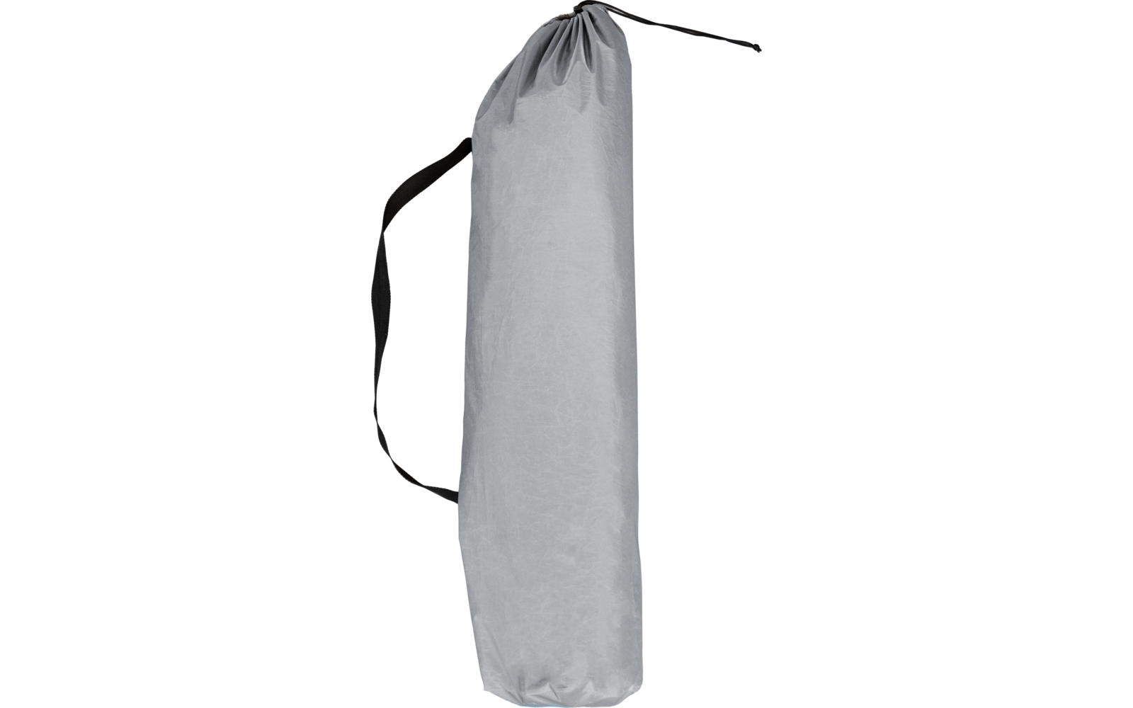 Längliche graue Stofftasche mit Kordelzug oben und schwarzem Schulterriemen