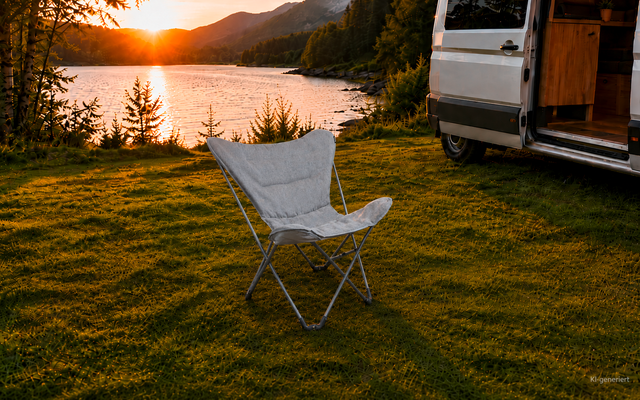 Klappstuhl auf Graswiese am Ufer eines Sees bei Sonnenuntergang, Bäume und Berge im Hintergrund, geöffneter Camper mit sichtbarem Innenraum rechts