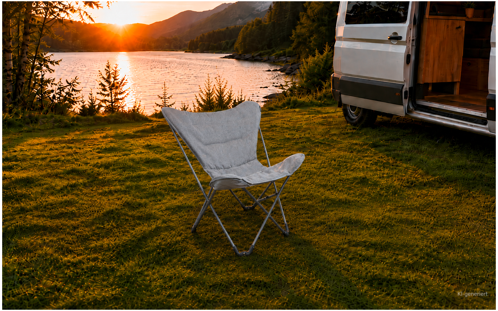 Klappstuhl auf Graswiese am Ufer eines Sees bei Sonnenuntergang, Bäume und Berge im Hintergrund, geöffneter Camper mit sichtbarem Innenraum rechts