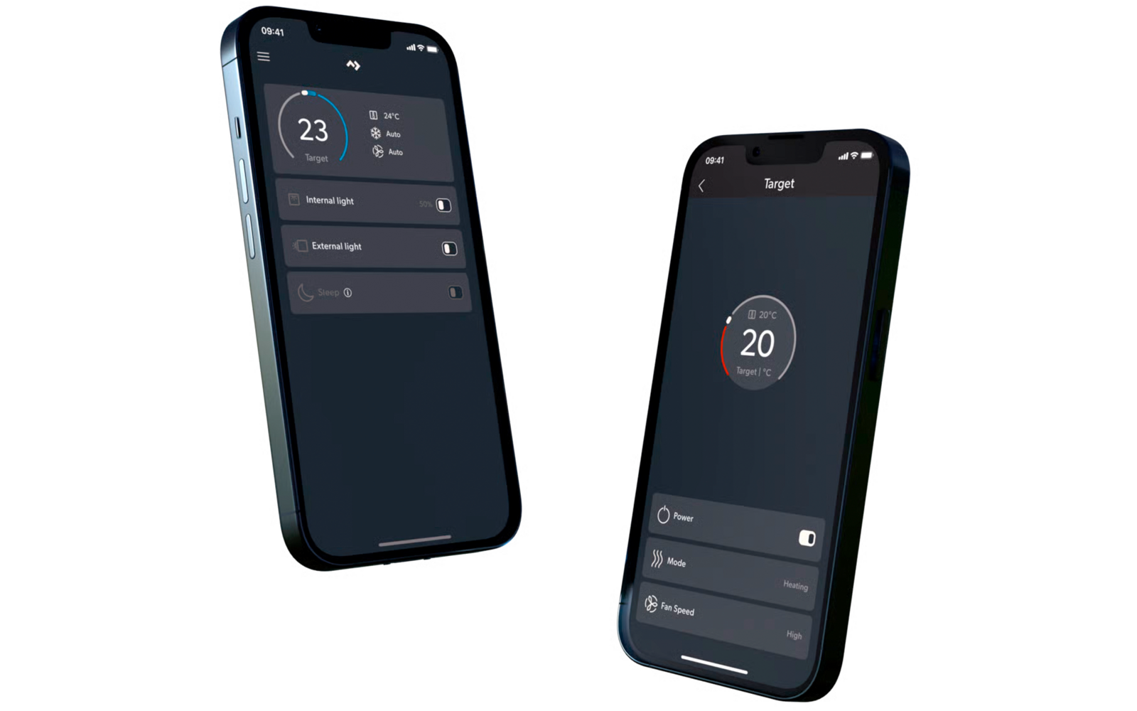 Dos smartphones inclinados sobre fondo blanco que muestran pantallas de app oscuras con indicadores circulares '23' y '20', título 'Target' y listas con interruptores etiquetados 'Power', 'Mode', 'Fan Speed', 'Internal light', 'External light'