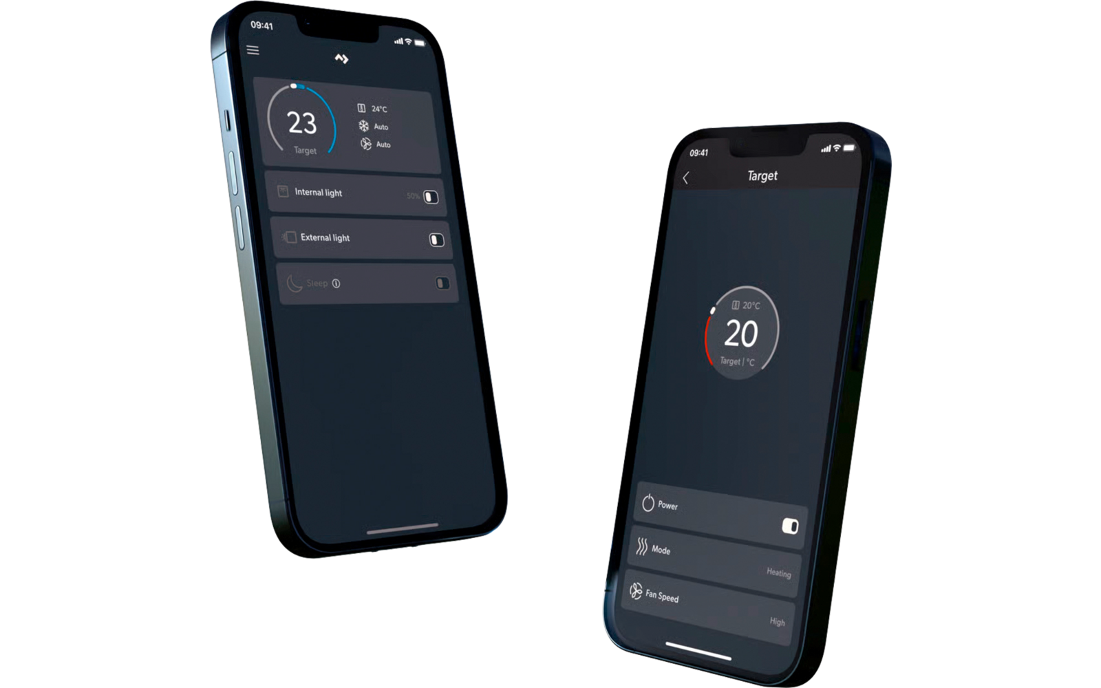 Zwei geneigte Smartphones auf weißem Hintergrund, dunkle App‑Bildschirme mit kreisförmigen Anzeigen '23' und '20', Titel 'Target' und Listen mit Schaltern und Beschriftungen 'Power', 'Mode', 'Fan Speed', 'Internal light', 'External light'